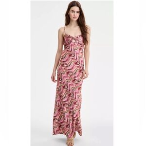 SENI &‎ CADE Pink Maxi Dress Size Small Satin Printed Twist-Front Funky Wavy